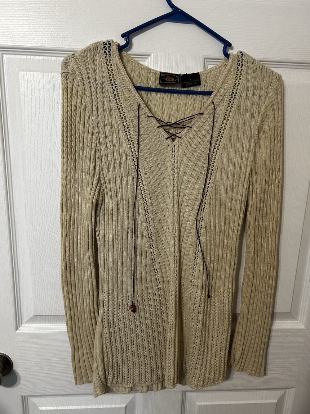 Vintage Y2K Bohemian Rib Net Sweater Lace Up Size Small
